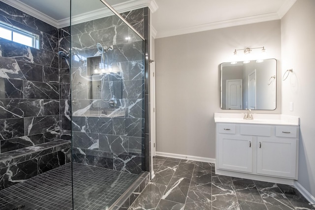 bathroom featuring a walk in shower, marble finish floor, ornamental molding, and baseboards