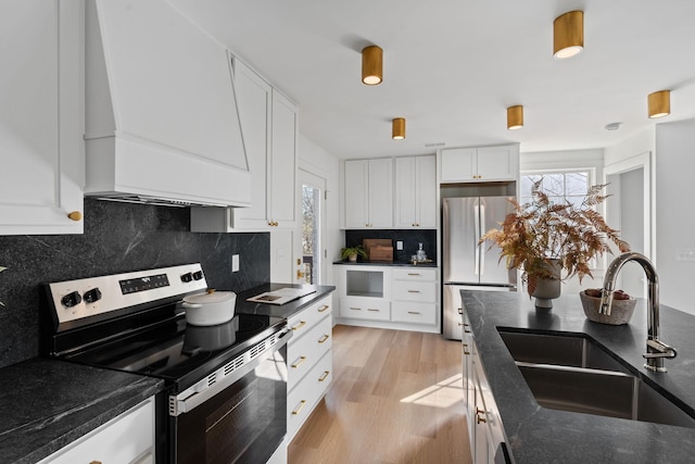 kitchen with stainless steel appliances, a wealth of natural light, a sink, and custom exhaust hood