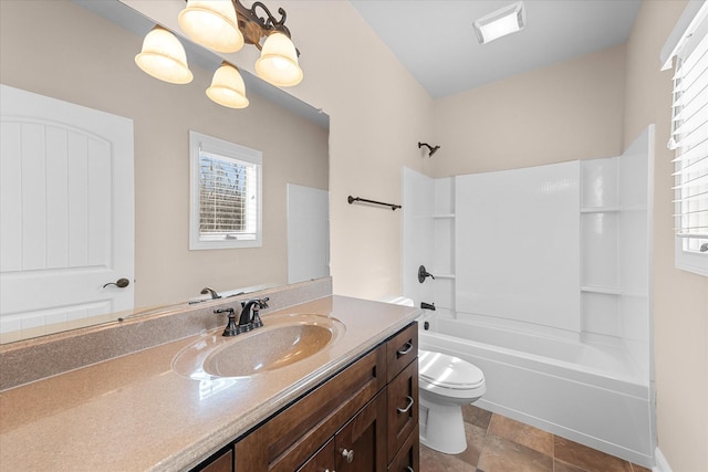 bathroom featuring visible vents, shower / tub combination, vanity, and toilet