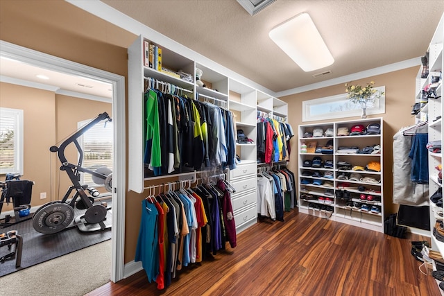 walk in closet featuring dark wood-type flooring and visible vents