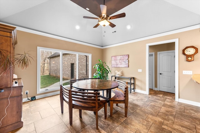 dining area with lofted ceiling, visible vents, a ceiling fan, and baseboards