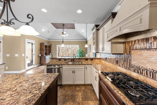 kitchen with dishwasher, custom range hood, vaulted ceiling, a sink, and black gas stovetop