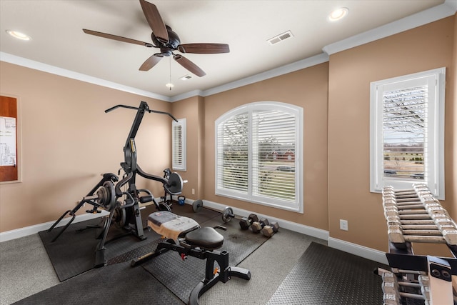 exercise area with crown molding, recessed lighting, visible vents, and baseboards