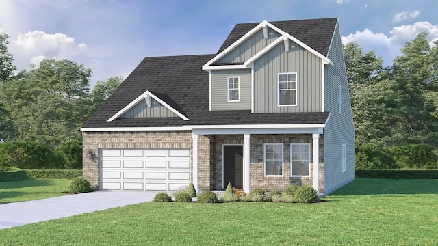 view of front of property featuring driveway, a shingled roof, an attached garage, a front lawn, and brick siding