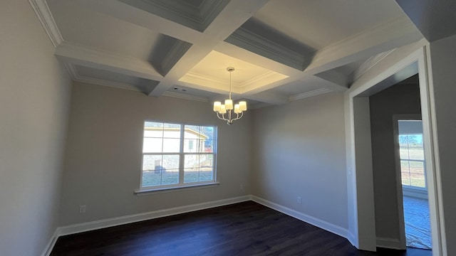 unfurnished room with coffered ceiling, dark wood-style flooring, beam ceiling, a chandelier, and baseboards