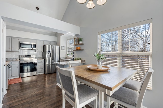 dining room featuring dark wood-type flooring, lofted ceiling, and plenty of natural light