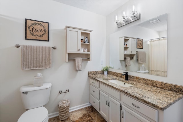 bathroom with visible vents, vanity, toilet, and baseboards