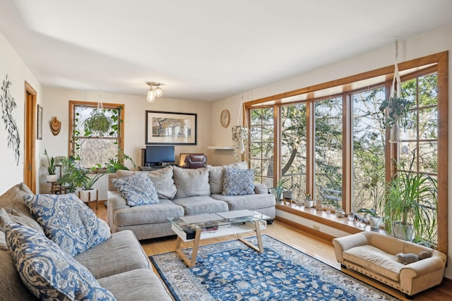 living area with plenty of natural light and wood finished floors