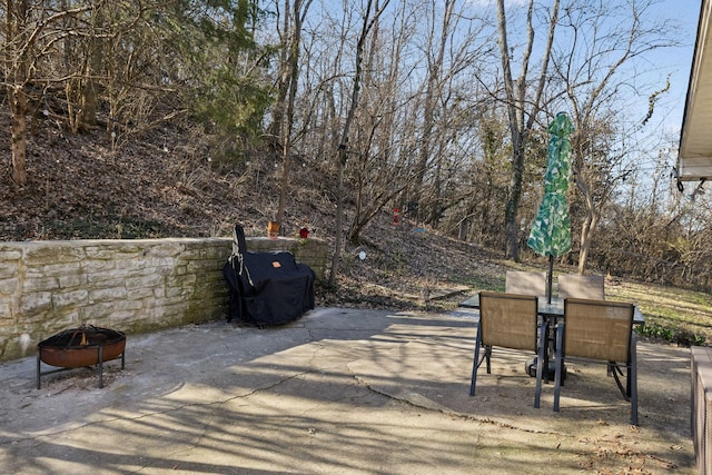 view of patio with an outdoor fire pit, outdoor dining area, and grilling area