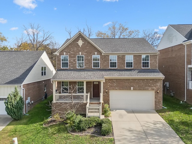 traditional-style home with driveway, a shingled roof, a porch, and brick siding