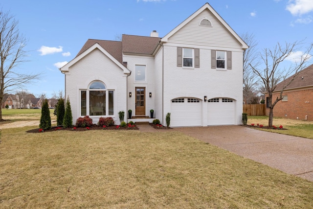 traditional home with concrete driveway, brick siding, a front lawn, and an attached garage