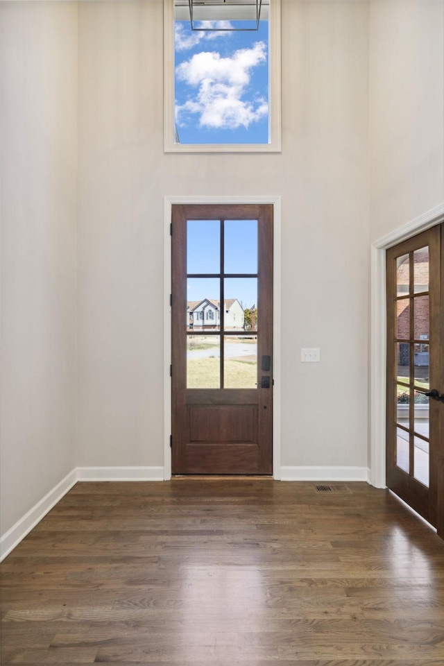 foyer entrance with dark wood-style floors, french doors, a wealth of natural light, and baseboards