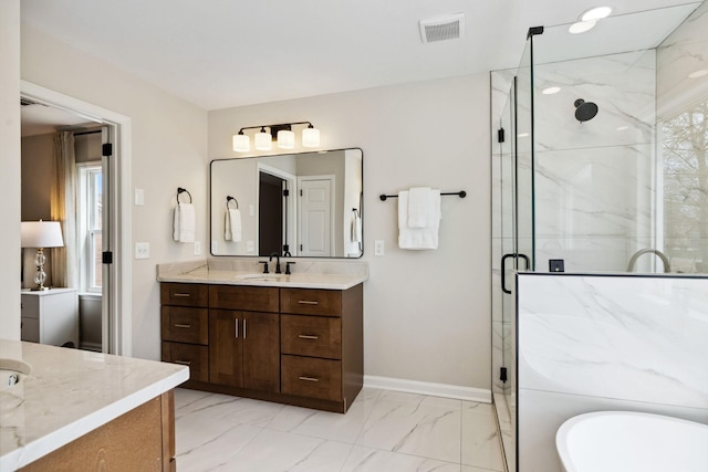 bathroom featuring vanity, visible vents, baseboards, marble finish floor, and a marble finish shower