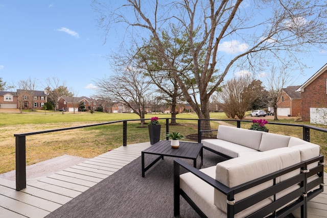 exterior space with a residential view, an outdoor hangout area, and a yard