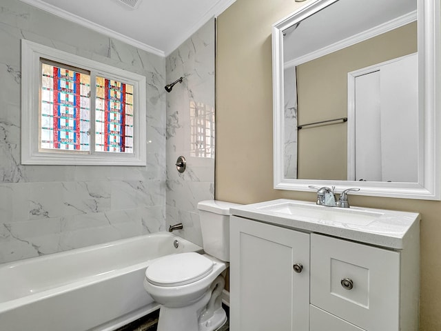 full bath with tub / shower combination, crown molding, vanity, and toilet