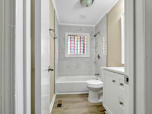 full bath with visible vents, shower / washtub combination, crown molding, and wood finished floors