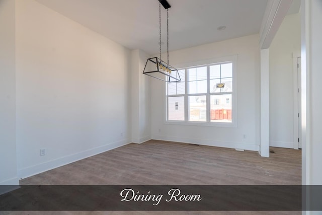 unfurnished dining area featuring baseboards and wood finished floors