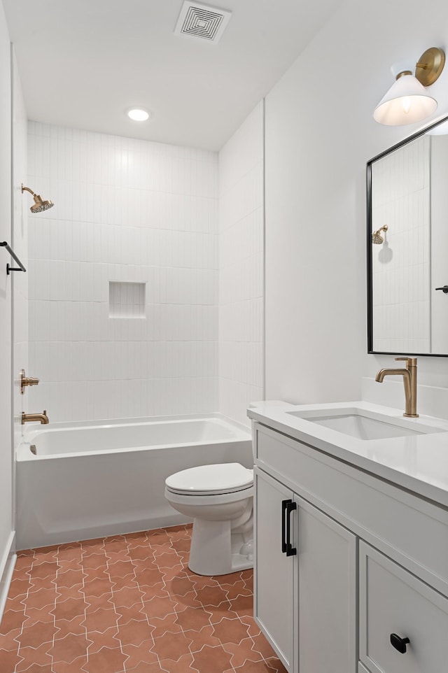 full bath with toilet, washtub / shower combination, visible vents, and vanity