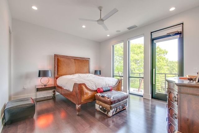 bedroom with recessed lighting, wood finished floors, a ceiling fan, visible vents, and access to outside