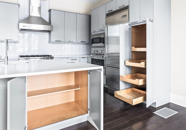 kitchen featuring wall chimney exhaust hood, built in appliances, gray cabinetry, open shelves, and a sink