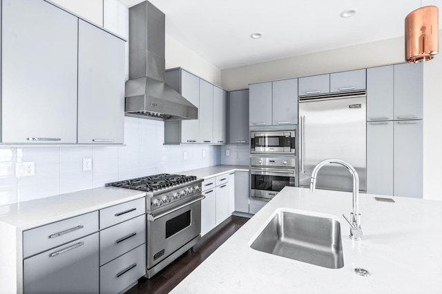 kitchen with gray cabinets, backsplash, a sink, wall chimney range hood, and built in appliances