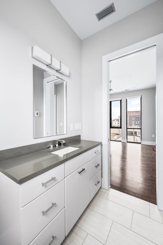 bathroom with visible vents, vanity, baseboards, and wood finished floors