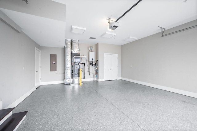 garage with a garage door opener, tankless water heater, electric panel, and baseboards