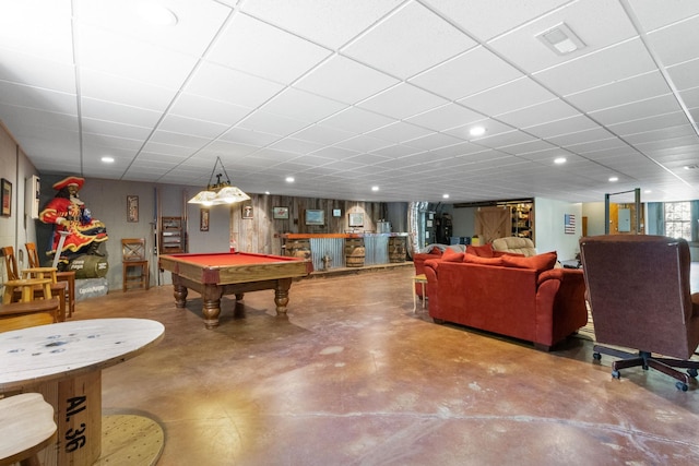 rec room featuring billiards, visible vents, a drop ceiling, concrete flooring, and recessed lighting