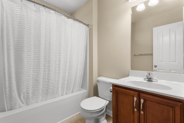 bathroom featuring toilet, shower / tub combo with curtain, and vanity