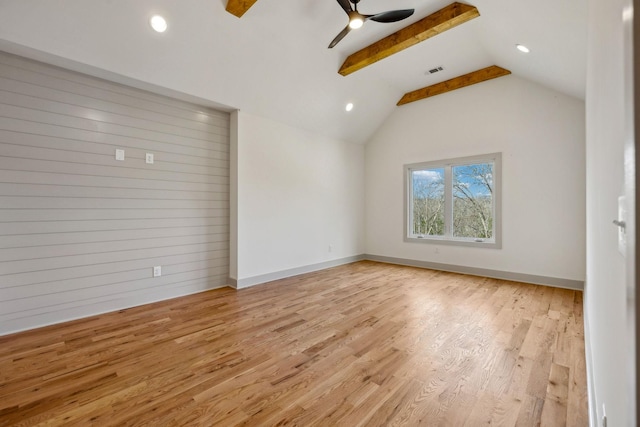 unfurnished living room featuring lofted ceiling with beams, visible vents, baseboards, a ceiling fan, and light wood finished floors