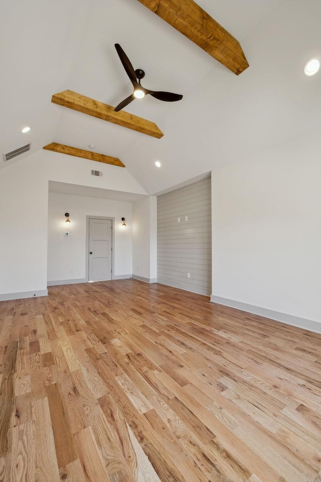 unfurnished living room featuring ceiling fan, lofted ceiling with beams, visible vents, and light wood-style floors