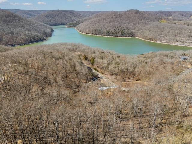 drone / aerial view featuring a forest view and a water view