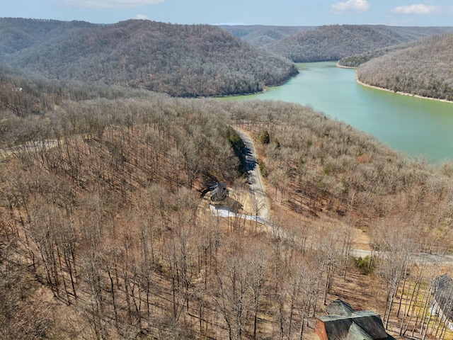 drone / aerial view with a water view and a wooded view