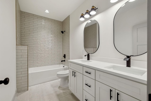 bathroom with shower / tub combination, a sink, toilet, and double vanity