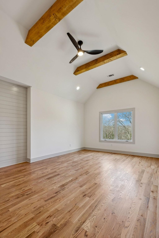 interior space with light wood-style floors, visible vents, lofted ceiling with beams, and baseboards