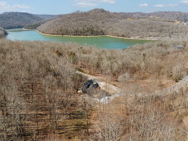 aerial view with a wooded view and a water and mountain view