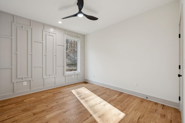 unfurnished bedroom featuring light wood-style floors, recessed lighting, baseboards, and a ceiling fan