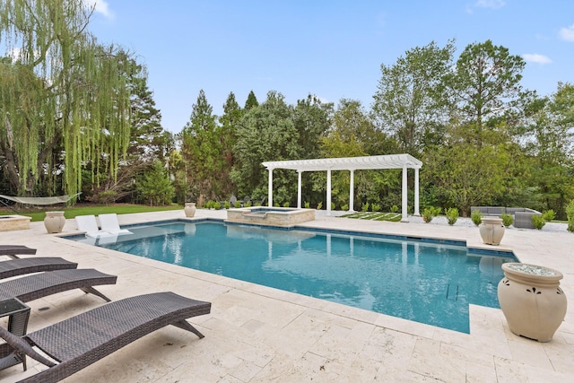 view of swimming pool with a patio, a pool with connected hot tub, and a pergola