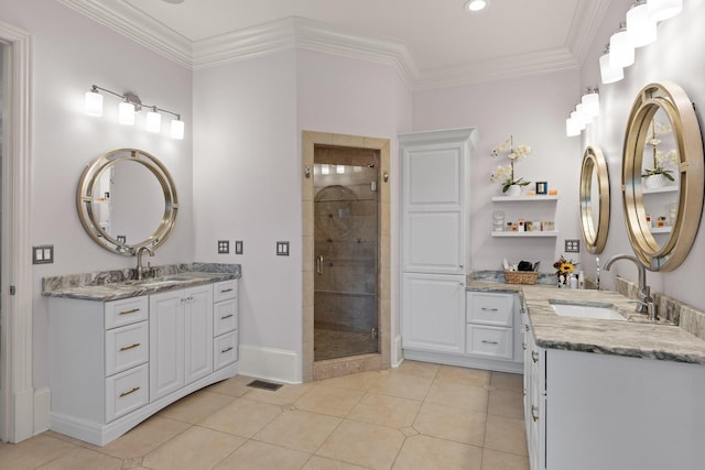 full bathroom with crown molding, a sink, and a shower stall