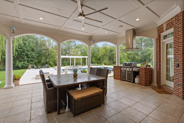 view of patio / terrace featuring an outdoor pool, outdoor dining area, a ceiling fan, and area for grilling