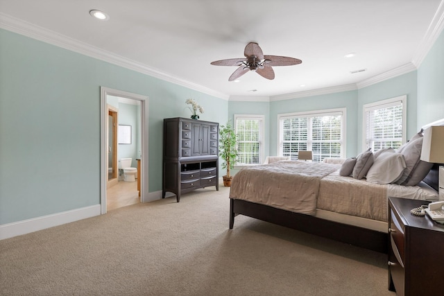 bedroom with crown molding, recessed lighting, baseboards, and light colored carpet