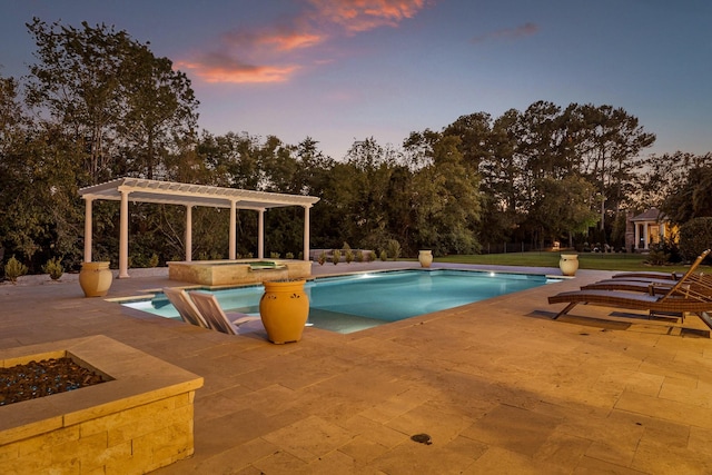 pool at dusk with a patio area, an outdoor pool, a pergola, and an in ground hot tub