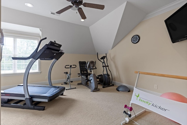 exercise room featuring carpet floors, lofted ceiling, recessed lighting, visible vents, and baseboards