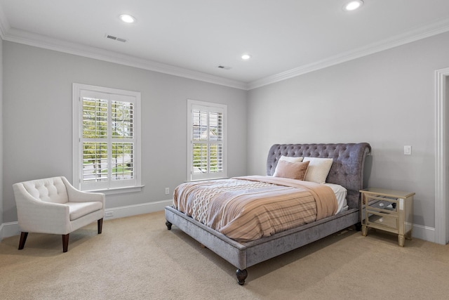 bedroom featuring light carpet, baseboards, visible vents, and crown molding