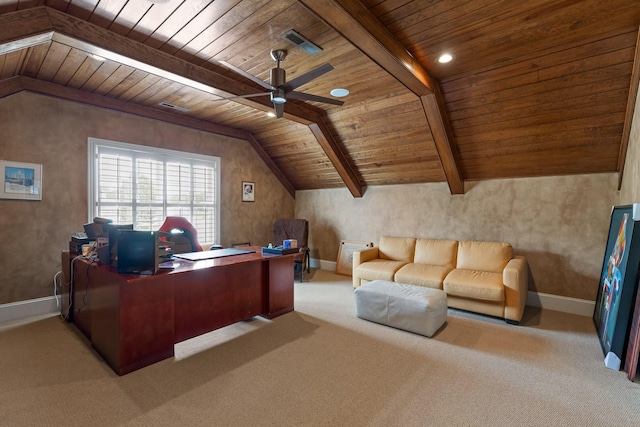 carpeted office with vaulted ceiling with beams, wooden ceiling, baseboards, and a ceiling fan