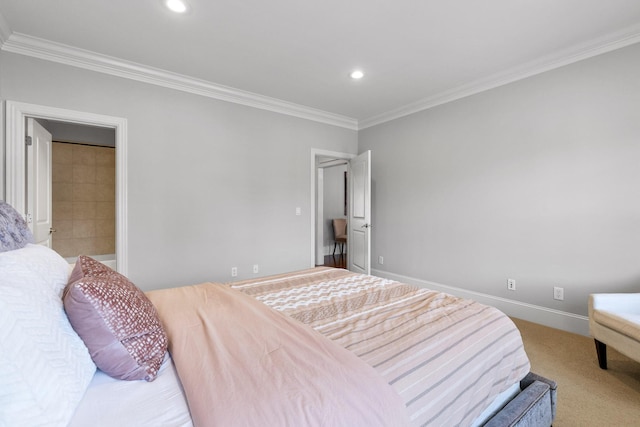 bedroom featuring carpet floors, recessed lighting, ornamental molding, and baseboards