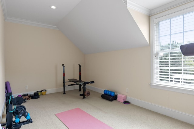 exercise room with ornamental molding, carpet flooring, and a healthy amount of sunlight