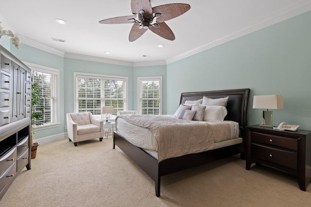 bedroom featuring light carpet, baseboards, visible vents, and ornamental molding