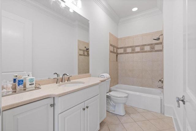 bathroom featuring toilet, ornamental molding, tub / shower combination, vanity, and tile patterned flooring