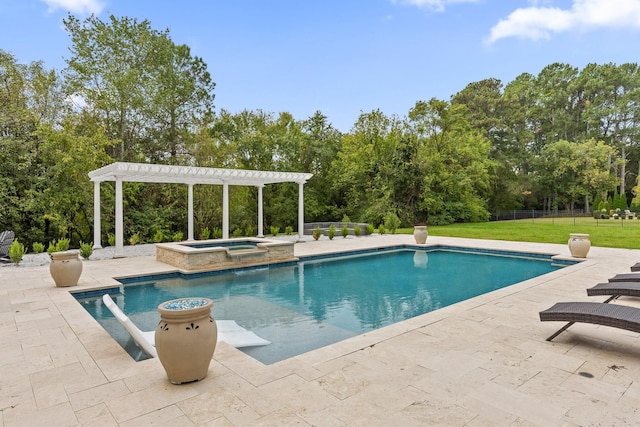 outdoor pool with a yard, a pergola, a patio, and an in ground hot tub